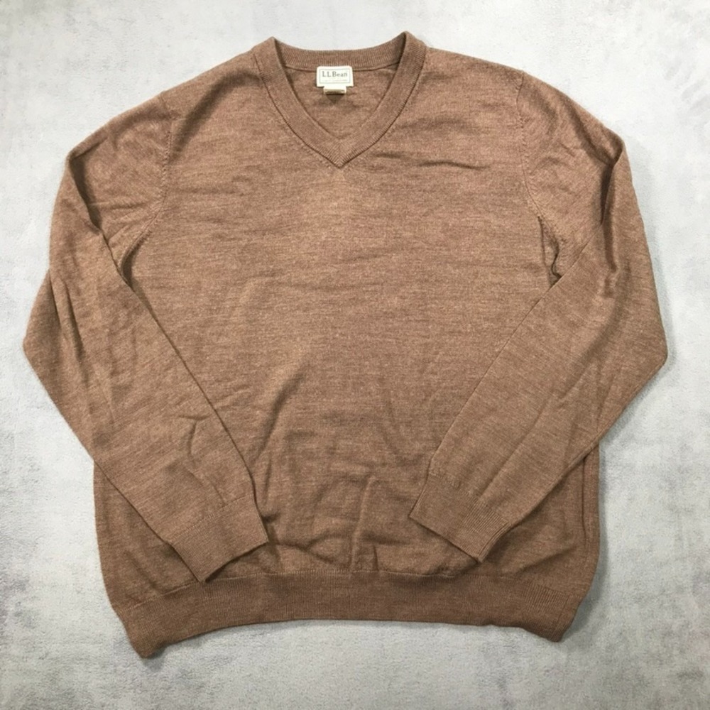 LL Bean Mens Large Brown 100% Merino Wool V Neck Pullover Sweater 271166